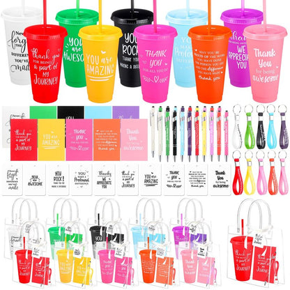 Widecook 181 Pcs Employee Appreciation Gifts 24 oz Inspirational Plastic Cups with Lid and Straw Notebooks Ballpoint Pens Keychains PVC Gift Bags Thank You Supplies for Teacher Coworker Staff(Classic)