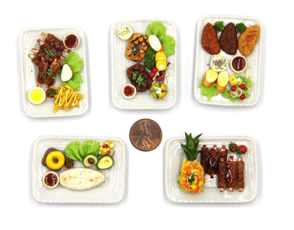 Lovely Mixed 5 Assorted Hawaiian Grilled, Steak, with Appetizer Dish Dollhouse Miniature Food, Tiny Food for Collectibles, Compatible with Barbie Dollhouse and Diorama Scale 1:6, 1/6