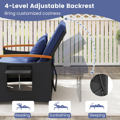 Tangkula Patio Rattan Daybed with 4-Level Adjustable Backrest, Outdoor Wicker Loveseat with Acacia Wood Armrest, Storage Ottoman & Folding Tray, Double Sunbed for Yard & Poolside (Navy & Black)