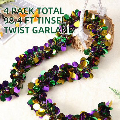 Ohiyoo 100 Feet Mardi Gras Tinsel Garland Gold Green Purple Garland Mardi Gras Christmas Tree Tinsel Metallic Twisted Hanging Streamer for Oktoberfest Birthday Party Decoration
