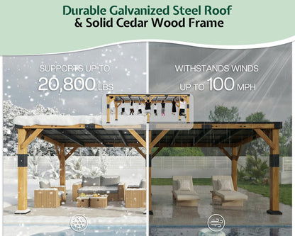 Jocisland 12' x 24' Cedar Wood Gazebo with Sloped Galvanized Steel Roof, Hardtop Gazebo Pavilion with Durable, Rot-Resistant Construction, Permanent Outdoor Pergola for Backyard, Garden & Deck