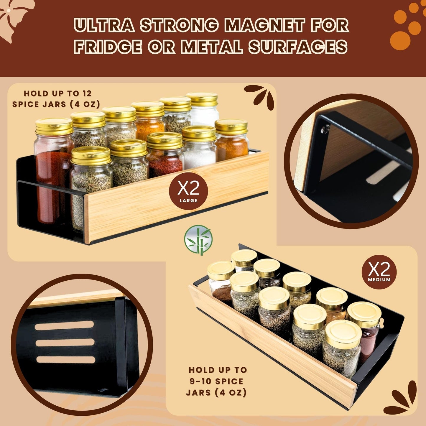 WY Family (4 Pack) Magnetic Spice Storage Rack Organizer for Refrigerator and Oven, 4 Strong Magnetic Shelf, Black Fridge Storage, Spice Rack Organizer, Metal-Bamboo