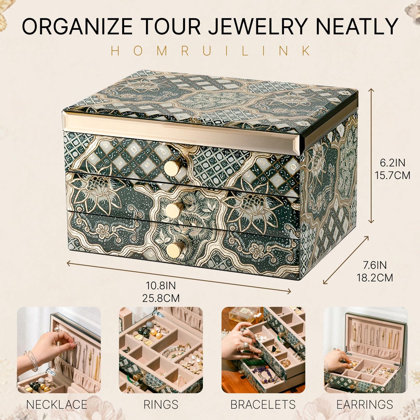 Homruilink High End Glass Jewelry Box, 3 Layer Jewelry Organizer,Velvet-Lined Case For Ring, Necklace, Earring, Bracelet Storage, Ideal Gift (Emerald)