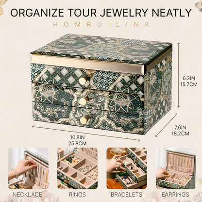 Homruilink High End Glass Jewelry Box, 3 Layer Jewelry Organizer,Velvet-Lined Case For Ring, Necklace, Earring, Bracelet Storage, Ideal Gift (Emerald)