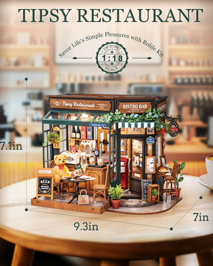 Rolife DIY Miniature House Kit 1:18 Coffe&Bar Dollhouse Diorama Model, Build Mini House Building Kit with LED Light Hobby Crafts for Adults Gift for Him Her (Tipsy Restaurant)
