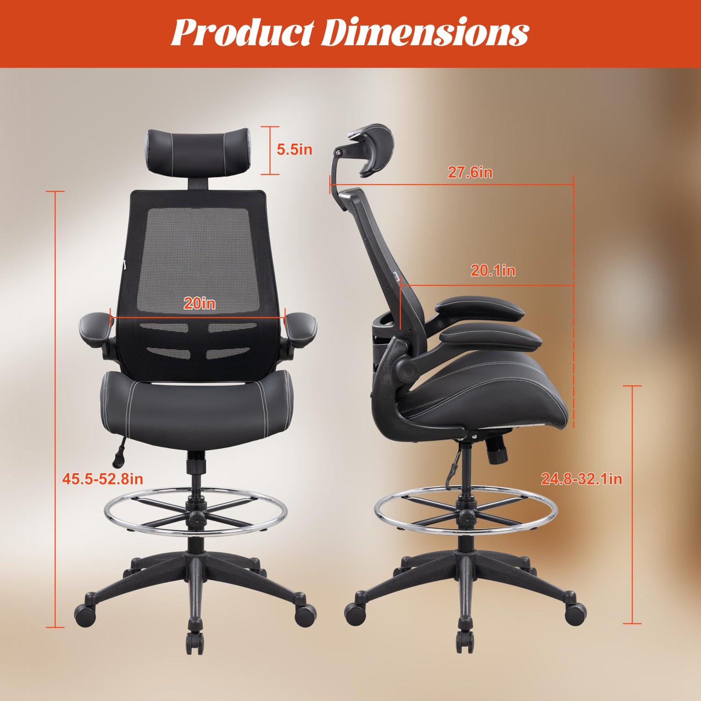BOLISS Tall Ergonomic Office Chair, Sustainable Tech-Leather Drafting Chair with Adjustable Foot Ring, 90° Flip-Up Arms Space Saving Mesh Computer Desk Chair for Standing Desk Executive Work 8+ Hours
