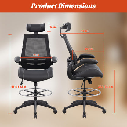 BOLISS Tall Ergonomic Office Chair, Sustainable Tech-Leather Drafting Chair with Adjustable Foot Ring, 90° Flip-Up Arms Space Saving Mesh Computer Desk Chair for Standing Desk Executive Work 8+ Hours