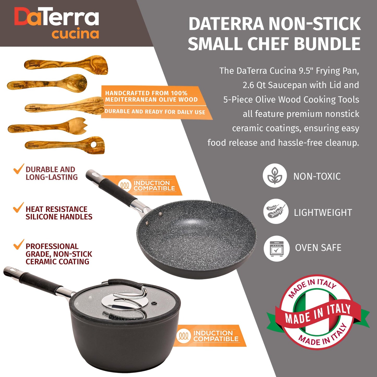 DaTerra Cucina Nonstick Small Chef Bundle – 2.6 Qt Ceramic Saucepan with Lid, 9.5" Frying Pan, 5-Piece Olive Wood Cooking Utensils – Oven Safe, Induction Compatible, PTFE & PFOA Free – Made in Italy