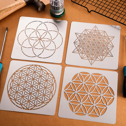 Therwen 4 Pcs Reusable Metal Stencils Sacred Geometry Stencils Flower of Life Version 64 Tetrahedron Seed of Life Drawing Template for Wood Burning Engraving Crafting Scrapbook Wall Painting Crafts