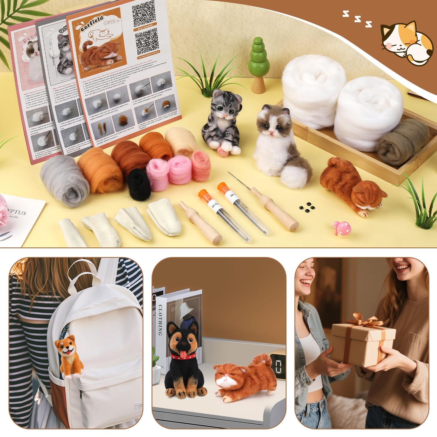 Mayboos 12 Pcs Needle Felting Kit, Animal Needle Felting Beginner Kits Wool Felt Needle Felting Tools with Instruction for DIY Craft Animal Home Decoration