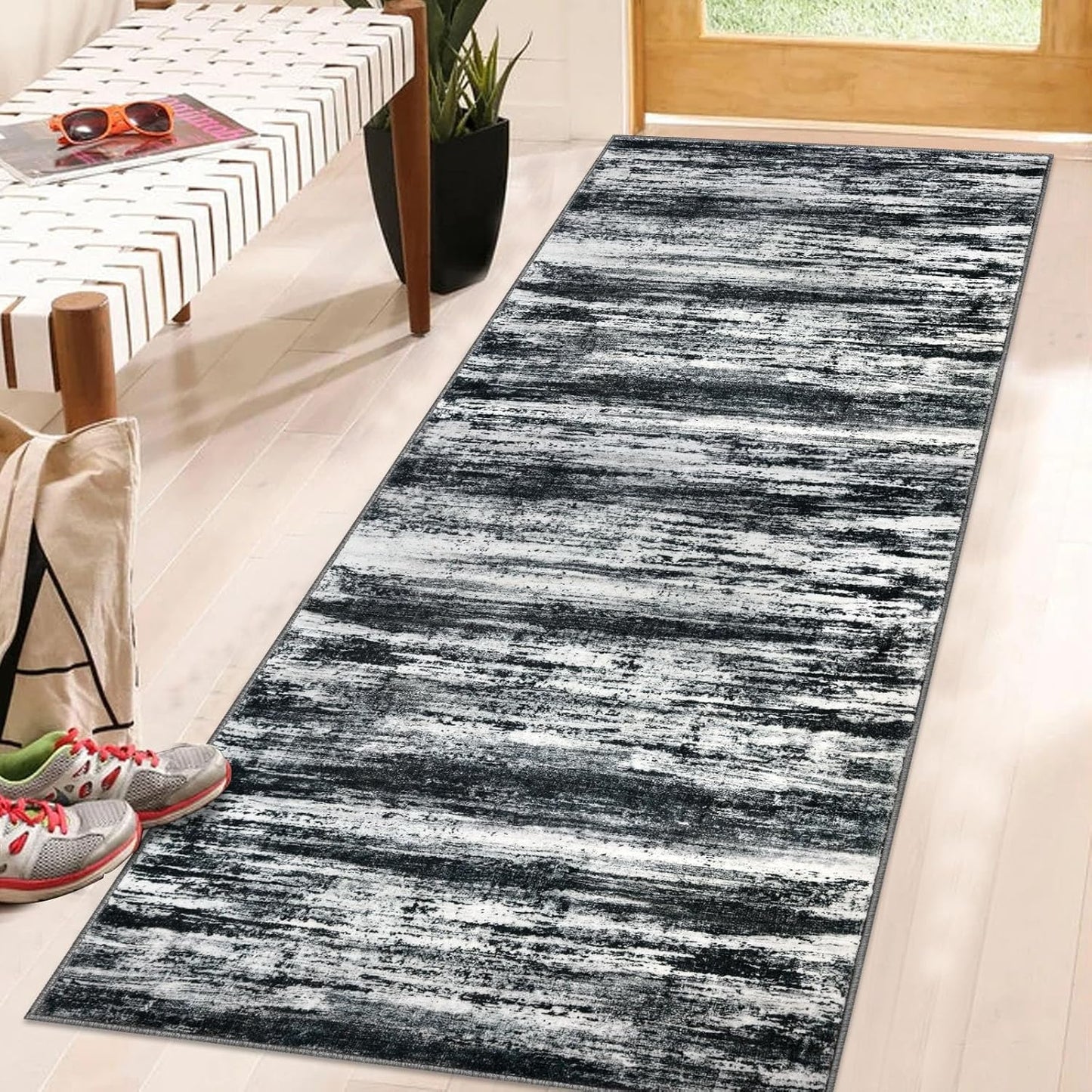 KOZYFLY Modern Abstract Kitchen Runner Rug, 2x5 Washable Non-Slip Soft Striped Carpet for Entryway, Bathroom, Laundry