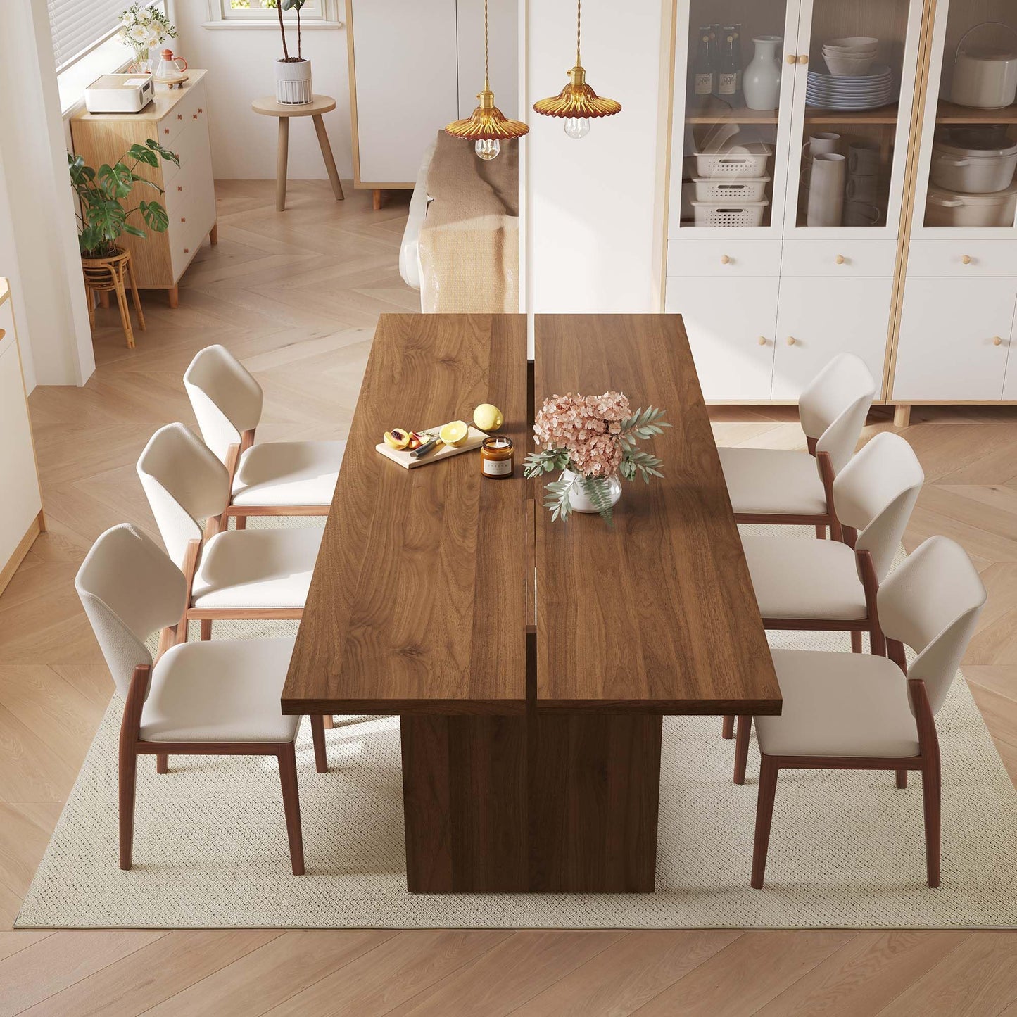 86.6" Mid-Century Modern Dining Table for 8-10, Rectangle Kitchen Table with Sturdy Base, Wooden Dining Room Table for Living Room, Kitchen, Walnut Brown