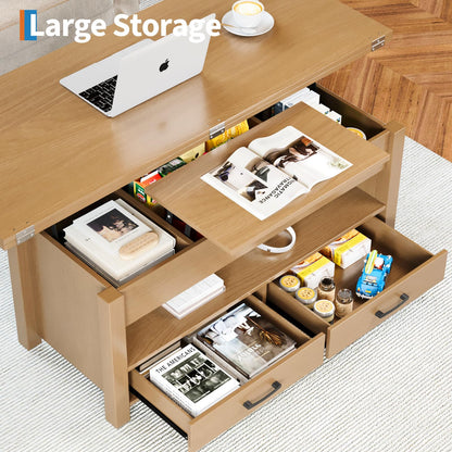 Garvee 40" Coffee Table Lift Top, Multi-Function Convertible Coffee Table with Drawers and Hidden Compartment, Converts to Dining Table for Living Room, Raw Wood