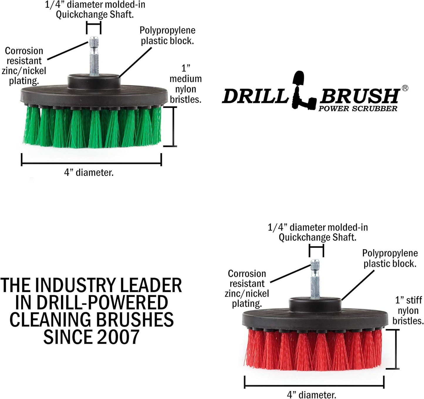 Drill Brush Combo Kit - Medium and Stiff 4-inch Round Spin Brush for Indoor/Outdoor Cleaning Supplies