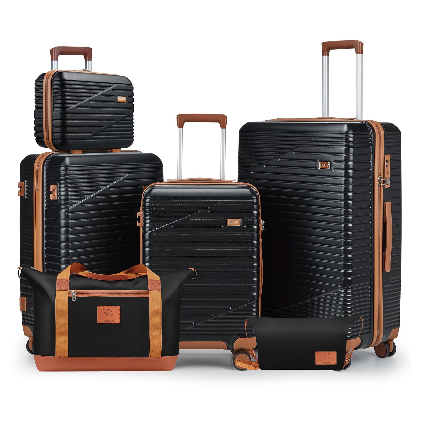NEISIA Luggage Sets,PC+ABS Hard Shell Carry on Suitcase with Spinner Wheels and TSA Lock, Travel Lightweight Luggage Set with Spinner Wheels (Black, 6 piece sets （14/20/24/28/DB/TB)