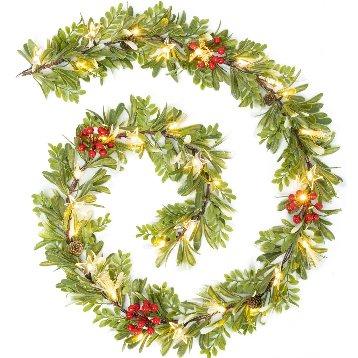 6.5FT Christmas Garland with Lights & Timer, 30 LED Pre-lit Greenery Olive Garland with Red Berry Pinecone, Battery Operated Lighted Garland for Fireplace Mantle Door Stairs Table Christmas Decoration