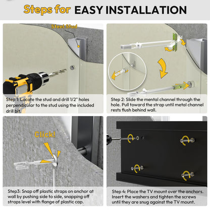 Steel Stud TV Mounting Kit – Heavy-Duty Metal Stud TV Mount Kit for Tilt & Low-Profile TVs, Includes 6 Drywall Anchors (1/4”-20), Bolts, Steel Drill Bit & Mounting Hardware