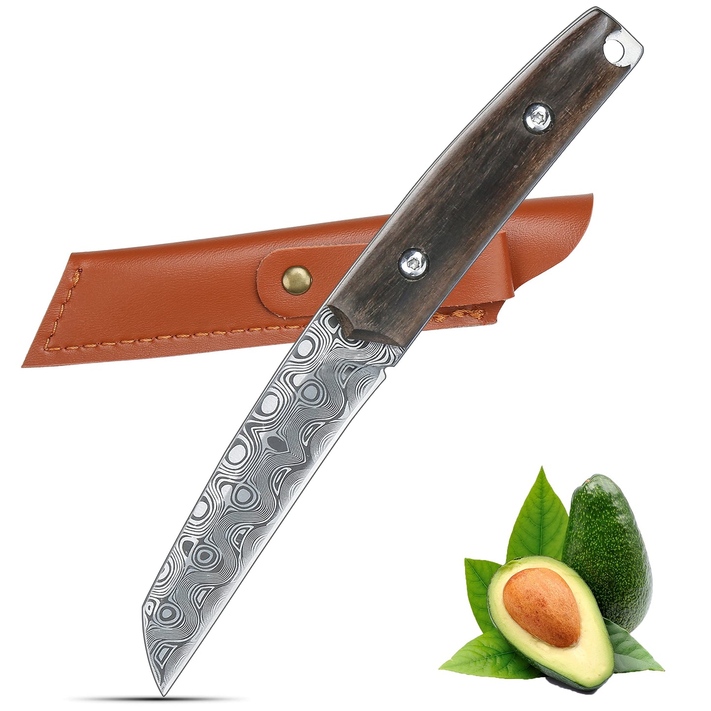 WILDMOK Paring knives Stainless Steel 3.2 Inch Utility Knife Full Tang Fruit Vegetable Cutting Carving Kitchen Knife with Leather Case (A)