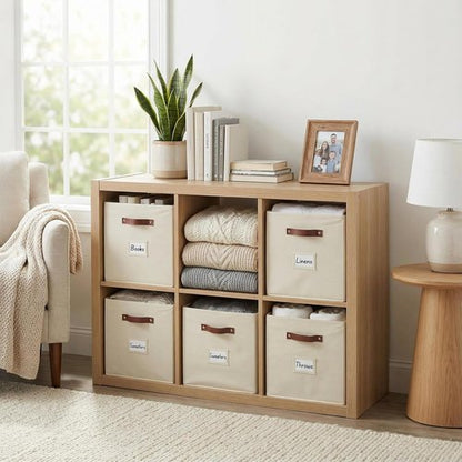 DECOMOMO Storage Bins - Fabric Cube Storage Bins with Labels for Shelves | 10.5" x 11" | Beige (2pcs)