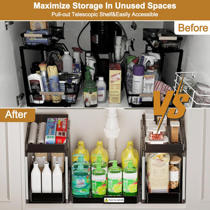 NIUXX Expandable Under Sink Organizer: 2 Tier Under Cabinet Organizer - Double Pull Out Shelf Under Sink Storage for Kitchen - Bathroom and Laundry Room - Space Saving