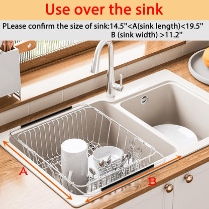 NiuYichee Stainless Steel Dish Drying Rack(15.2"L X 11"W X 5.3"H), Expandable Fruit & Vegetable Drain Rack over Sink, Dish Drainer Rack in Sink, with Stainless Steel Utensil Holder & Silicone Mat(16")