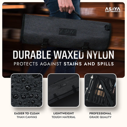 Asaya Waxed Nylon Chef Knife Roll Bag with 20 Slots and Zippered Pockets - Professional Chef Knife Bag & Storage Case, Tool Carrier with Shoulder Strap - Knives Not Included (Black)