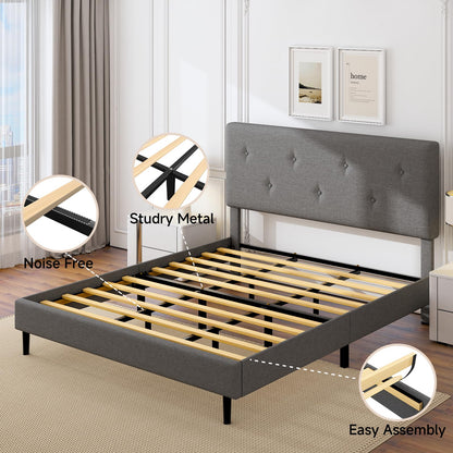 Mxhtcewz King Size Linen Bed Frame, Upholstered Platform Bed Frame with Adjustable Headboard, Wooden Slats Support, No Box Spring Needed, Easy Assembly, Grey