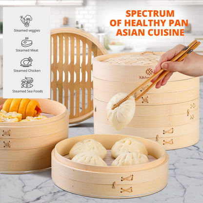 KITCHENCRUST Bamboo Steamer Basket for Chinese Asian Cuisine - 2 Tier 10-Inch Steaming Basket Bun Vegetable Steam, Dumpling Steamer bamboo steam basket, Sauce Dish, Chopsticks, Reusable Liners, Ring