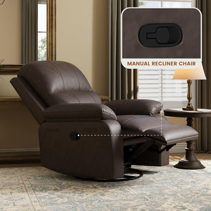 Attalee Leather Swivel Rocker Recliner Chair, Traditional Manual Chair, Upholstered Nursery Glider Rocking Recliner, Comfy Faux Leather Single Sofa with Pocket Spring for Living Room, Dark Brown