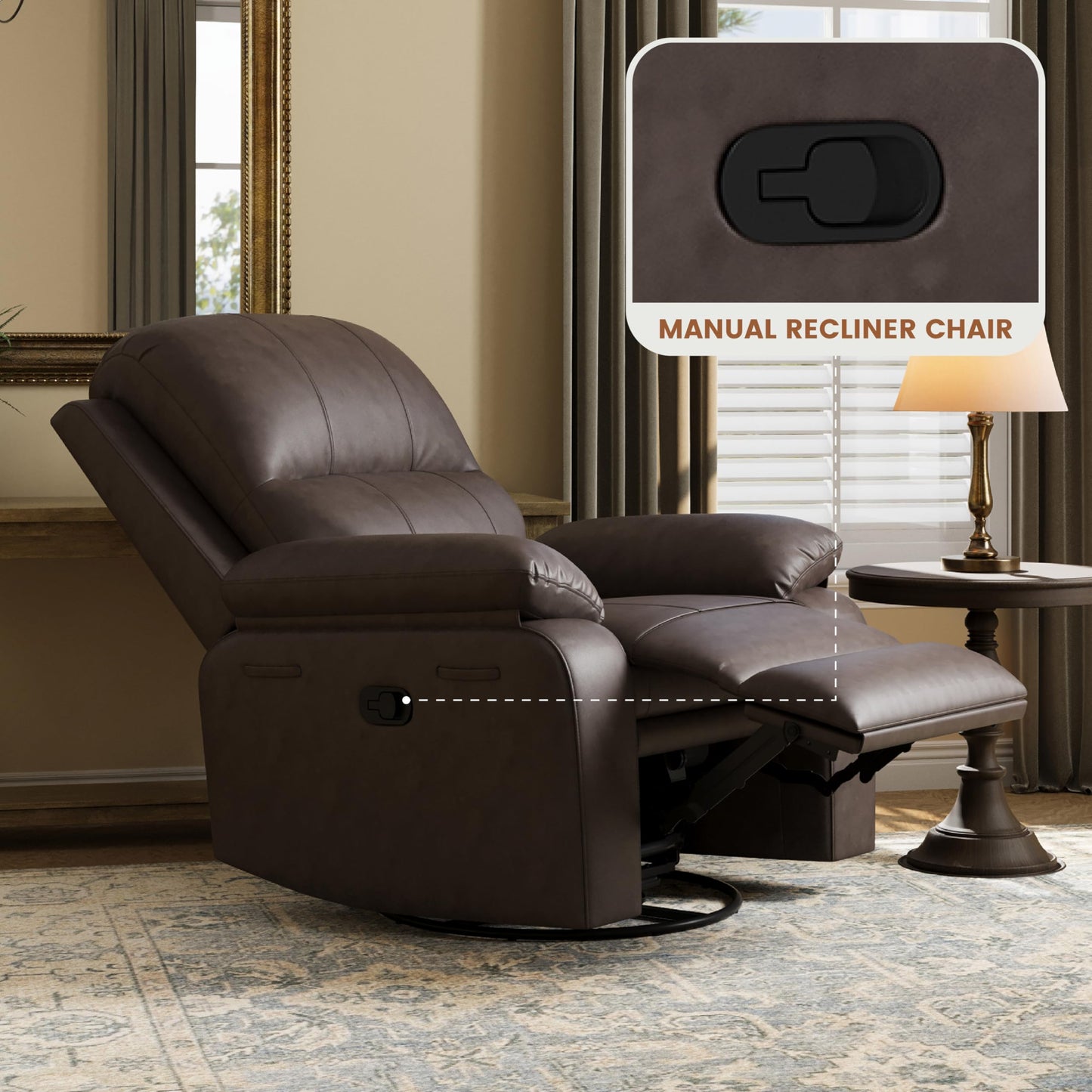 Attalee Leather Swivel Rocker Recliner Chair Set of 2, Traditional Manual Chair, Upholstered Nursery Glider Rocking Recliner, Faux Leather Single Sofa with Pocket Spring for Living Room, Dark Brown