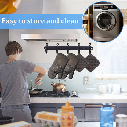 Skiennix Oven Mitts Set - 4 Pcs High Heat Resistant Kitchen Mitts & Pot Holders | Grey