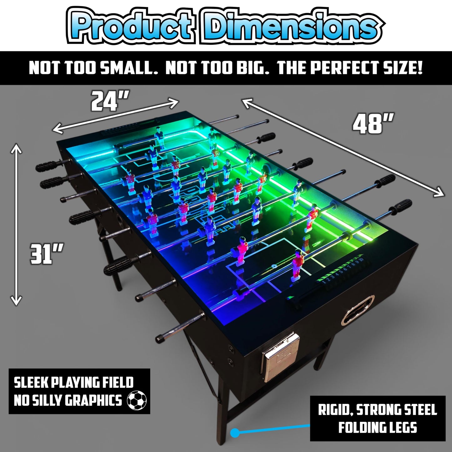 PartyLife 48" Foosball Table w/LED Lights & Folding Steel Legs | Minimal Assembly, Smooth Surface, Very Sturdy - Perfect for Kids and Adults, Game Rooms & Home Arcade!