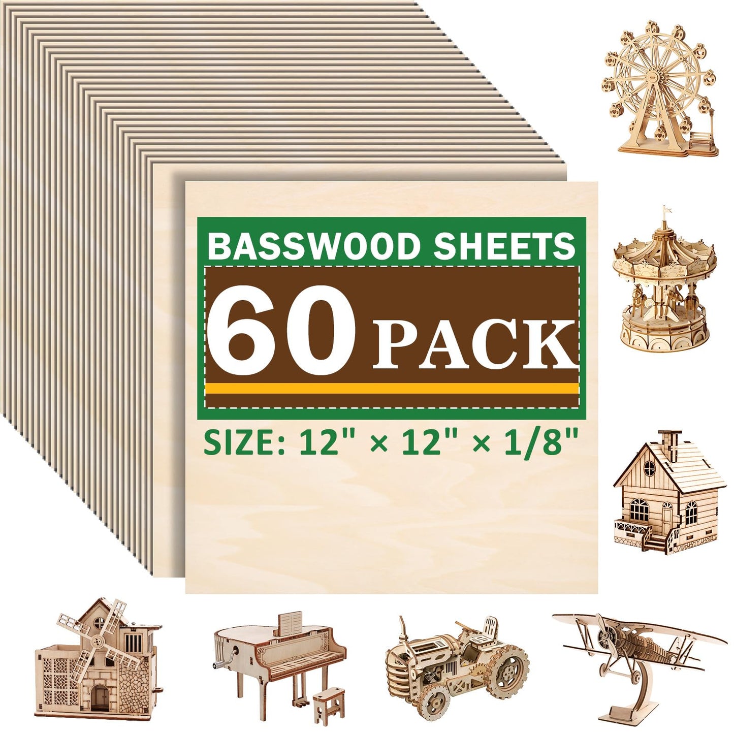 60 Pack Basswood Sheets for Laser Cutting, 12 x 12 x 1/8 Inch, Unfinished Squares Wood Sheets for Crafts - Smooth Surface Plywood for Wood Burning, Engraving, Architectural Models, Painting & Staining