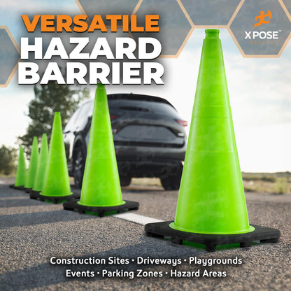 Xpose Safety 28” Lime Green Traffic Cone - 6 Pack - Premium PVC Safety Cone for Parking, Caution, Construction, Road Crews, Emergency Vehicle - DOT Approved