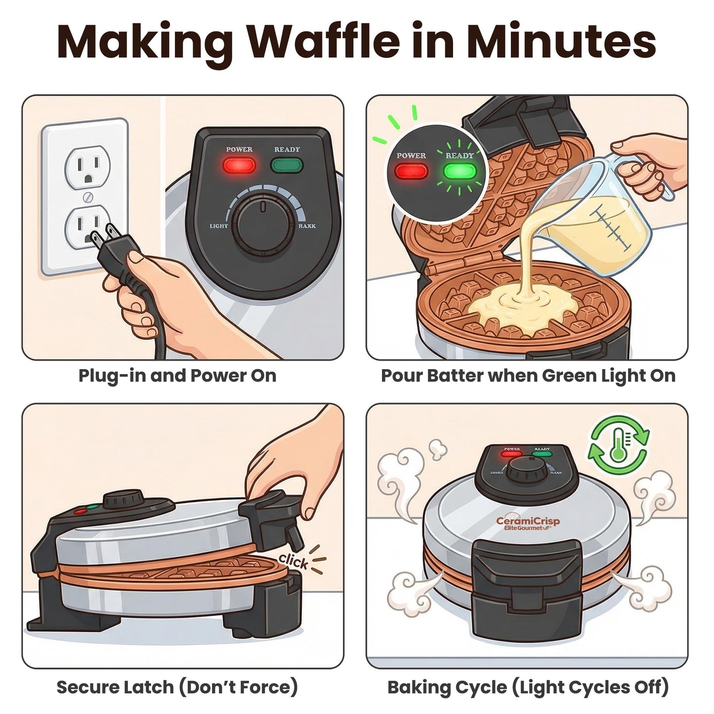 Elite Gourmet Belgian Waffle Maker with PFAS-Free CeramiCrisp™ Ceramic Nonstick Plates, Adjustable Browning Control, 1100W Heating, Power & Ready Indicator Lights, Vertical Storage, Stainless Steel