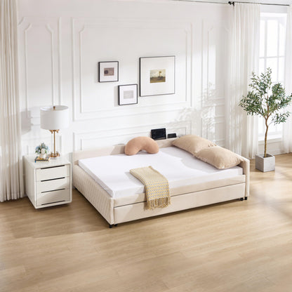 DNYN L-Shaped Corner Daybed with Pull-Out Trundle and Dual USB Ports for Bedroom/Guest Room, Velvet Bed Frame w/Wooden Slats Support and LED, Space-Saving & No Box Spring Needed, Beige