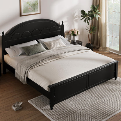 Merax King Wooden Platform Bed Frame with Arched Headboard, Solid Wood Bed Base, Classic Elegant Design, Strong Support, No Box Spring Needed, Easy Assembly, Black