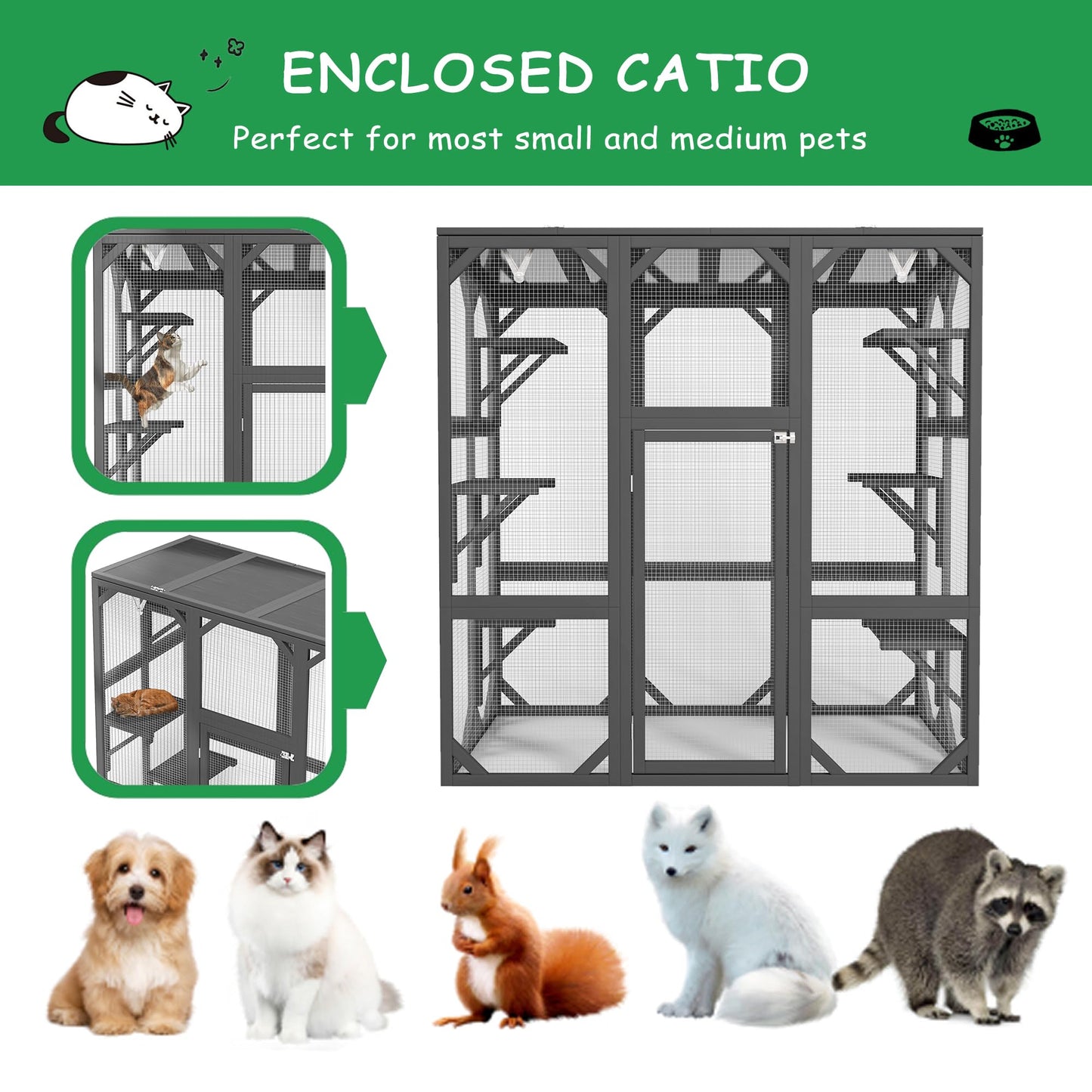 Ball & Cast 59" Wooden Catio Enclosure Outdoor Cat House with Anti-UV& Waterproof, Platforms and Resting Boxes Walk-in Cat Kennel Shelter for Indoor,Dark Grey