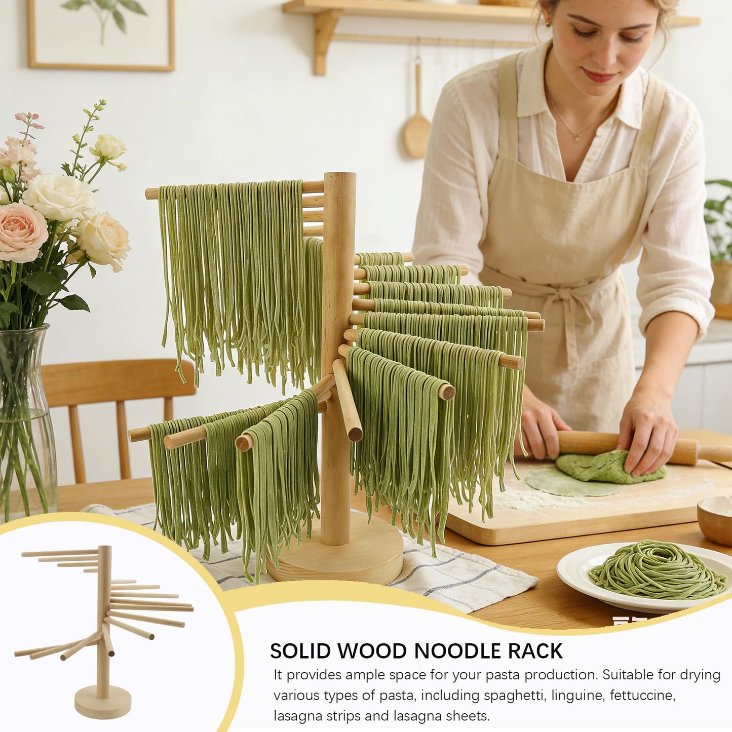 Pasta Drying Rack 16 Arms–12.9" Wooden Noodle Drying Stand with 6" Hanging Bars for Fresh Spaghetti Fettuccine Homemade Pasta