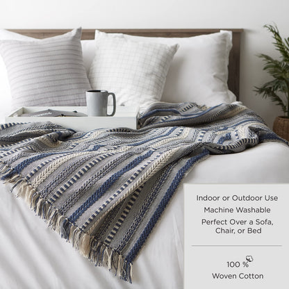 DII 100% Cotton Basket Weave Throw for Indoor/Outdoor Use Camping Bbq's Beaches Everyday Blanket, 50 x 60, Woven Stripe