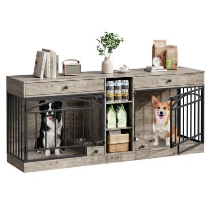 GarveeHome Dog Crate Furniture for 2 Dogs, Dog Kennel Indoor with Storage and Feeding Bowls, Double Dog Crate TV Stand for Small Medium Dogs, Grey
