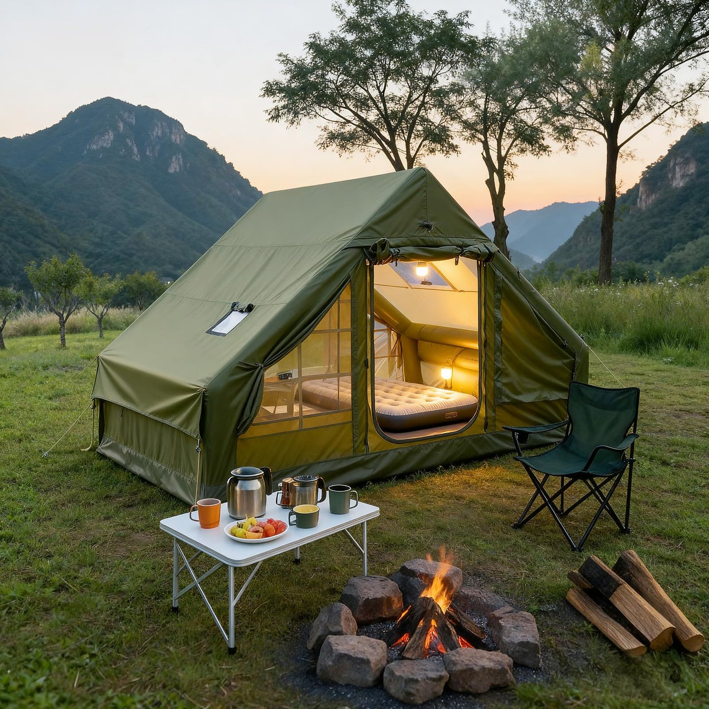 Inflatable Camping Tent, Glamping Blow Up Tent with Hand Pump for All-Season, 3 Mins Easy Setup, Waterproof Tens with Mesh Window for 4-6 Person, Suit for Family, Friend, Camp, Outdoor Gathering