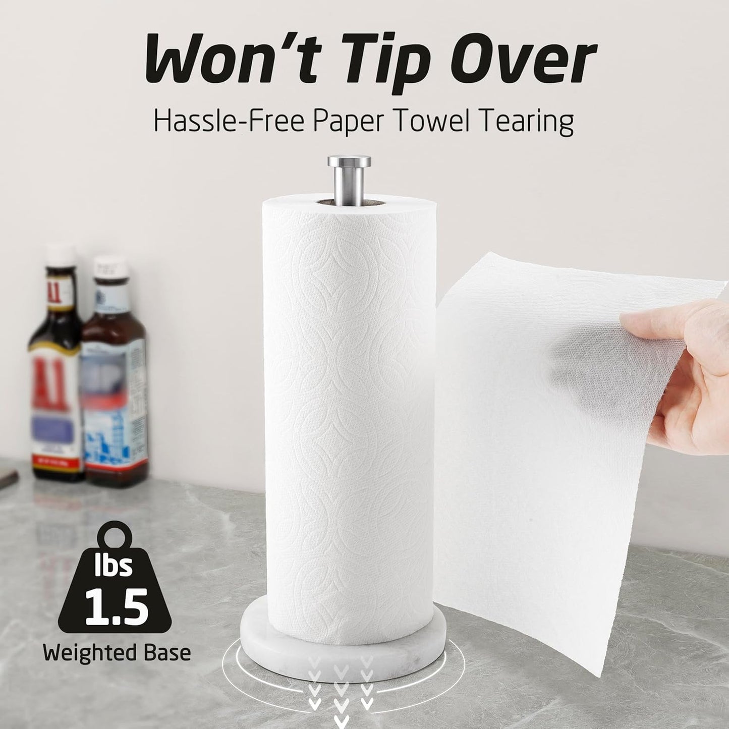 KES Paper Towel Holder Countertop, Natural Marble Base SUS304 Stainless Steel Roll Holder for Standard or Jumbo Rolls