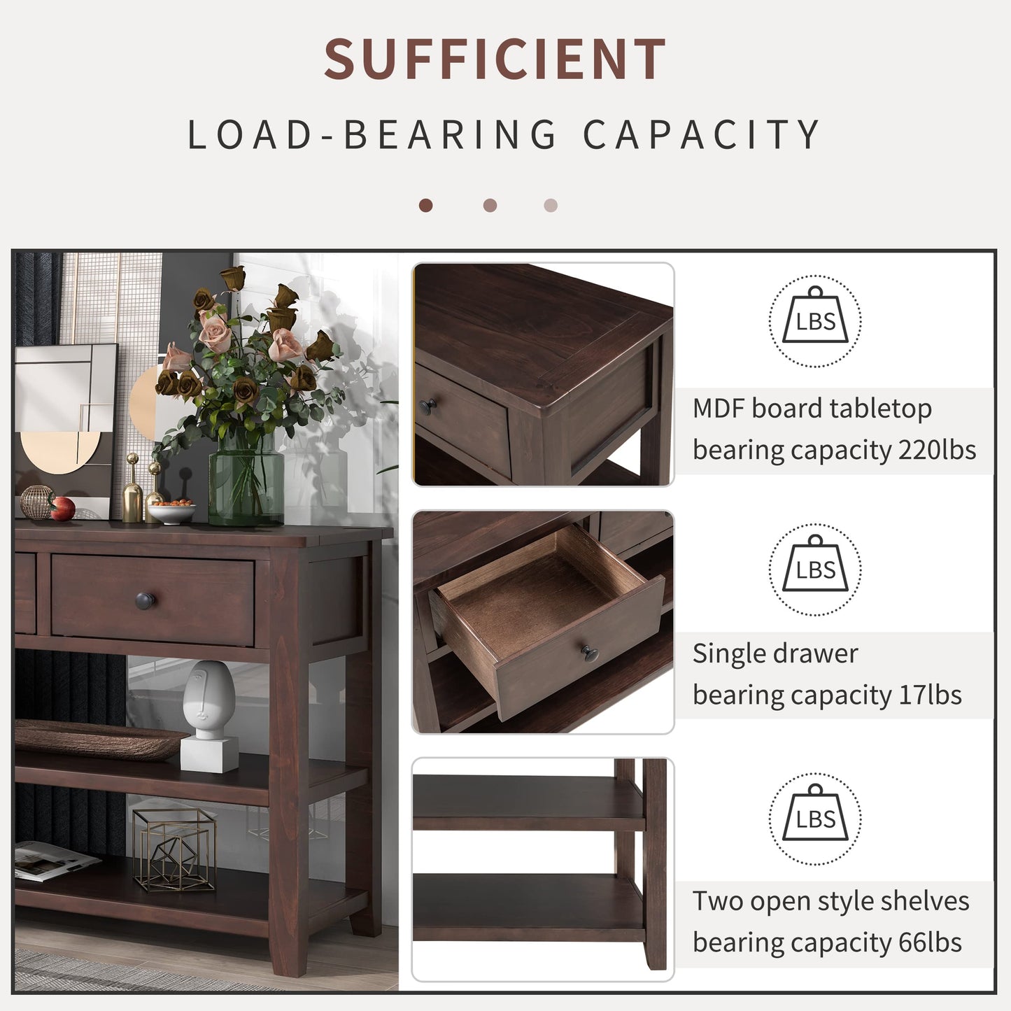 Bellemave Solid Wood Console Table with Drawers, Retro Entryway Table with 3 Drawers and 2 Open Storage Shelves, Narrow Long Sofa Table, Behind Couch Table for Living Room, Foyer and Hallway, Espresso