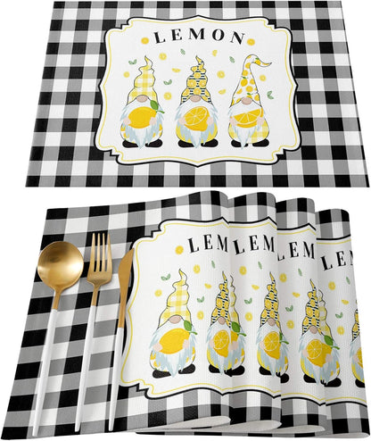 Victories Placemats for Dining Table - Summer Rural Lemon Gnomes Black White Buffalo Plaid, Set of 6