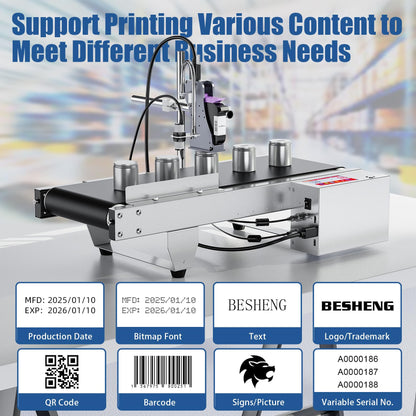 BESHENG JS740 Inkjet Coding Machine with Mini Conveyor Belt, Automatic Online Inkjet Printer with 42ml Original Quick-Drying Ink, Industrial Batch Code Printer Date/Barcode/QR Code/Number/Label