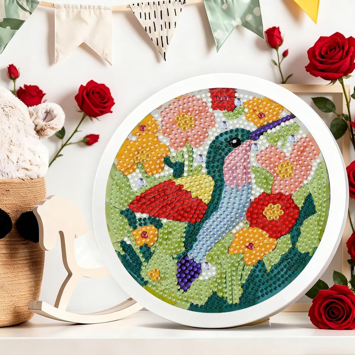 Foxonaut Hummingbird Diamond Art for Kids with Frame, Easy Diamond Art Painting Kits Ages 6-8-12, DIY Gem Art for Kids,Art and Crafts for Girls Boys Gift (7x7inch)