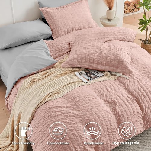 HYMOKEGE Full Size Comforter Set - Luxury 7-Piece Seersucker Bedding in Rose Gold & Light Grey
