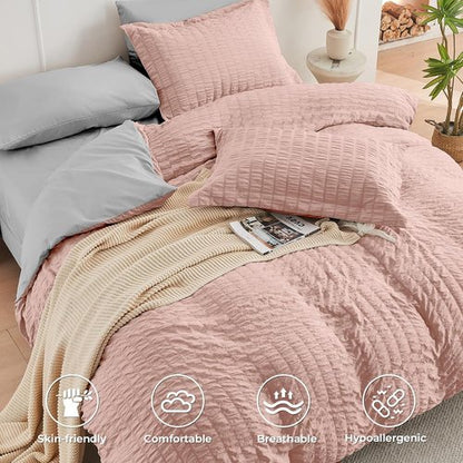 HYMOKEGE Full Size Comforter Set - Luxury 7-Piece Seersucker Bedding in Rose Gold & Light Grey