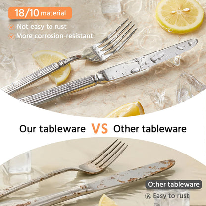 KINGSTONE Silverware Set, 20-Piece 18/10 Stainless Steel Flatware Set - Roman Column Embossed Thick Handle, for Wedding, Home, Restaurant, Kitchen and Party, Mirror Polish & Dishwasher Safe